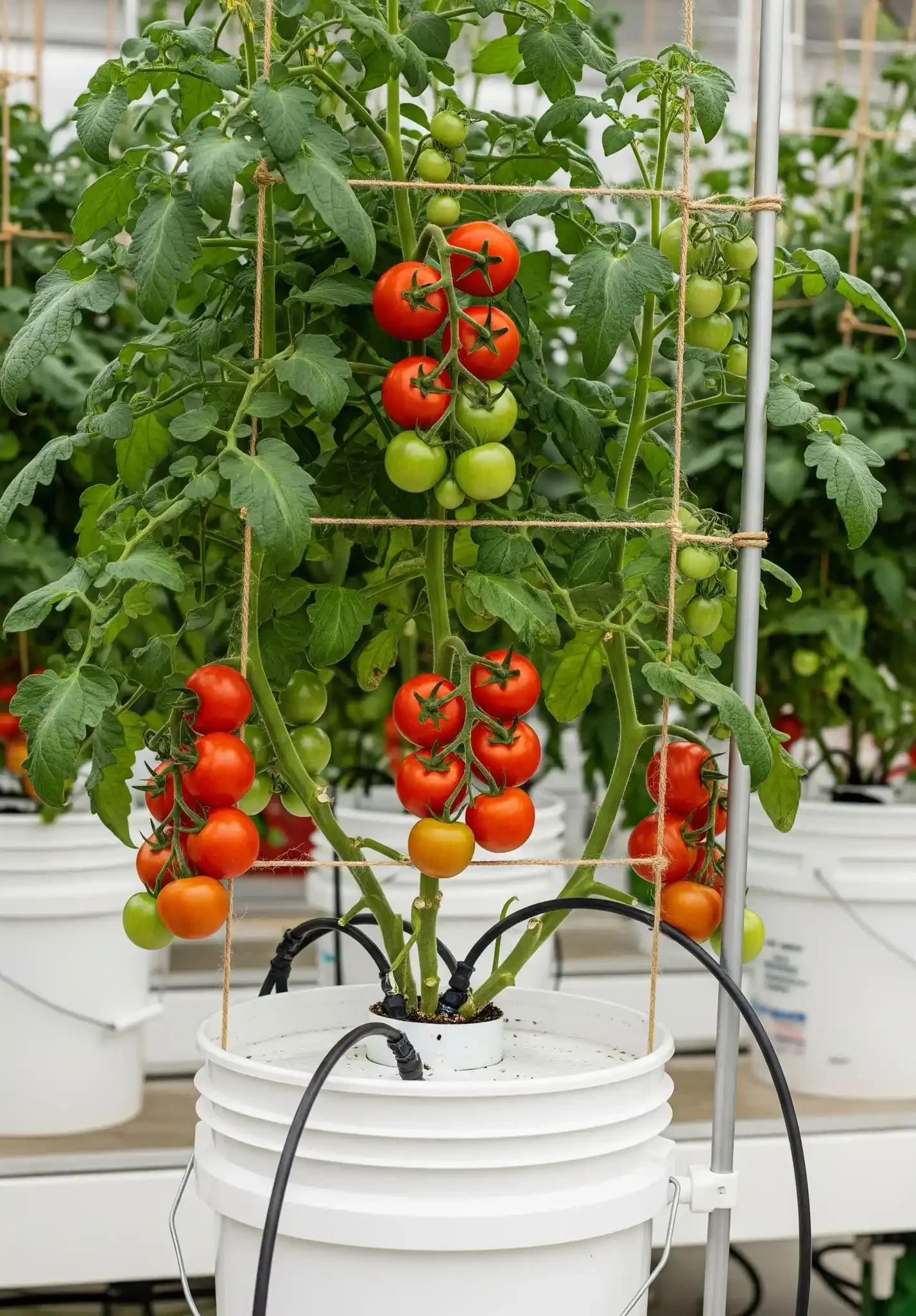 Indeterminate tomato plant thriving in a Dutch bucket hydroponic system