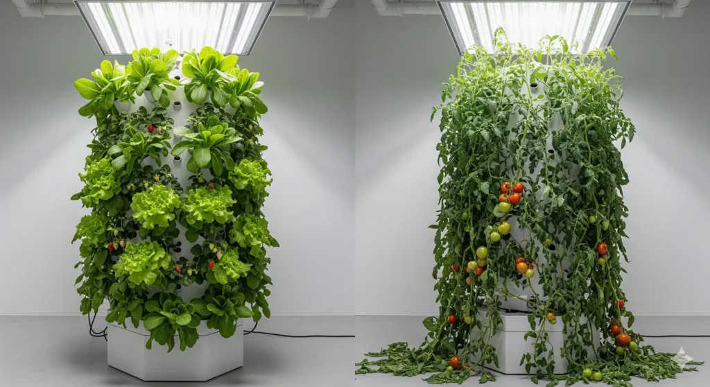 Vertical Hydroponics Unleashed: A DIY Blueprint for Urban Farming 9 A side-by-side comparison of two vertical hydroponic towers. The tower on the left is filled with healthy, vibrant lettuce and strawberries, looking lush and stable. The tower on the right is filled with heavy, mature tomato plants, which are causing the tower to bow and lean.