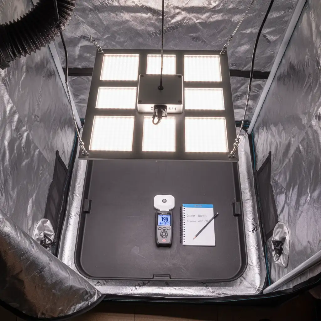 Using a PAR meter to measure PPFD light intensity inside a small 2x2 foot hydroponic tent.