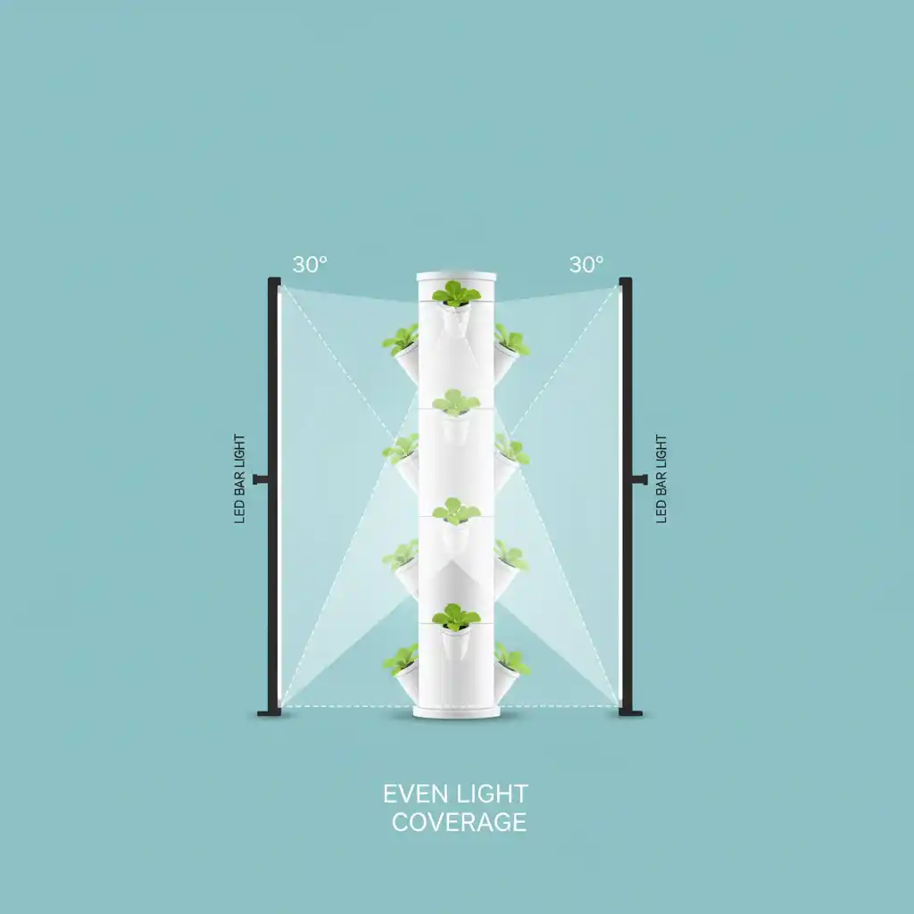 DIY PVC Hydroponics: Master Spacing, Flow & Light to End Lopsided Growth 8 Diagram showing how to angle LED grow lights at 30 degrees with 50% overlap for even coverage on a vertical hydroponic tower.