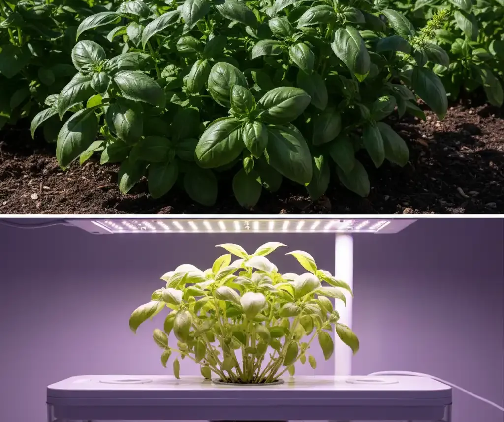 Countertop Hydroponics Exposed: The 28-Day Lie & The High Cost of Convenience 5 Visual comparison showing the color and size difference between basil grown in soil vs in a hydroponic kit.