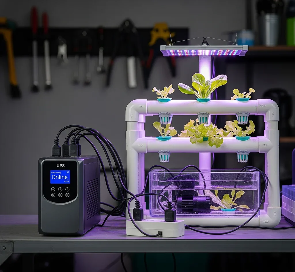 Smart Plugs & Timers for Hydroponic: Never Miss a Watering Cycle Again 8 A photo of a small UPS (Uninterruptible Power Supply) plugged into a hydroponic system to provide emergency power during an outage.