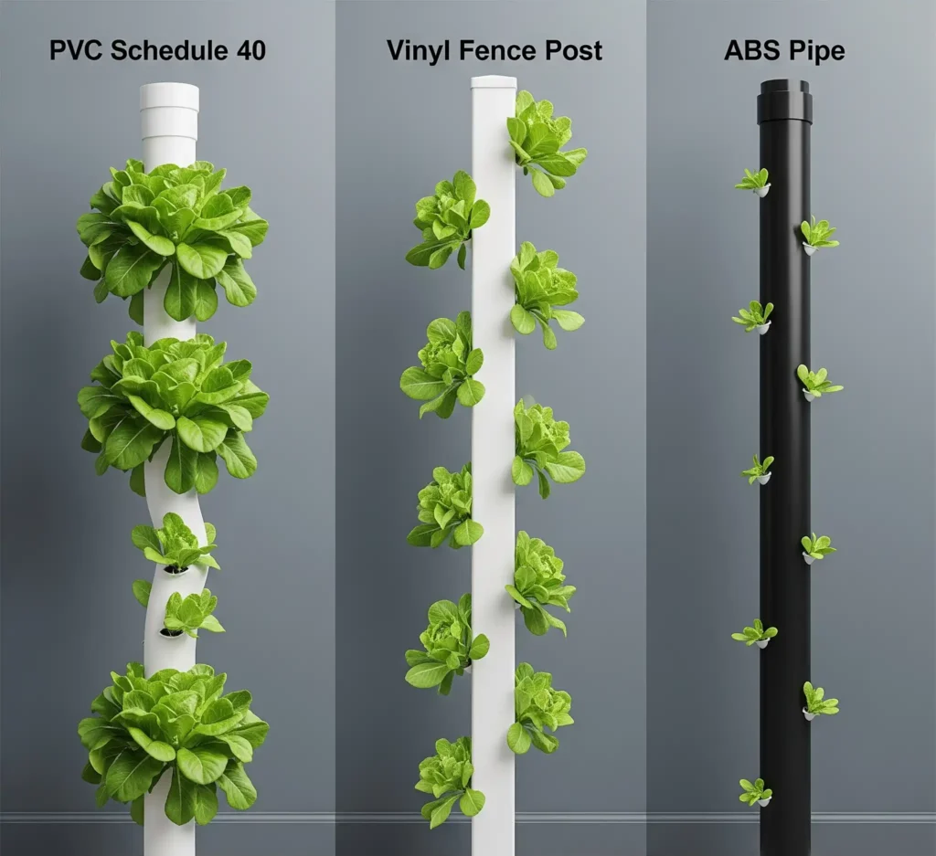 Vertical Hydroponics Unleashed: A DIY Blueprint for Urban Farming 5 A side-by-side comparison of three vertical hydroponic towers made from different materials. From left to right: a white PVC Schedule 40 pipe with a noticeable bow, holding several lettuce plants; a straight white vinyl fence post with healthy lettuce plants; and a straight black ABS pipe with lettuce plants. This illustrates the structural integrity differences.