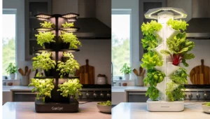 A visual comparison of the Gardyn and Lettuce Grow vertical hydroponic systems, illustrating their design differences and how they fit into a home environment.