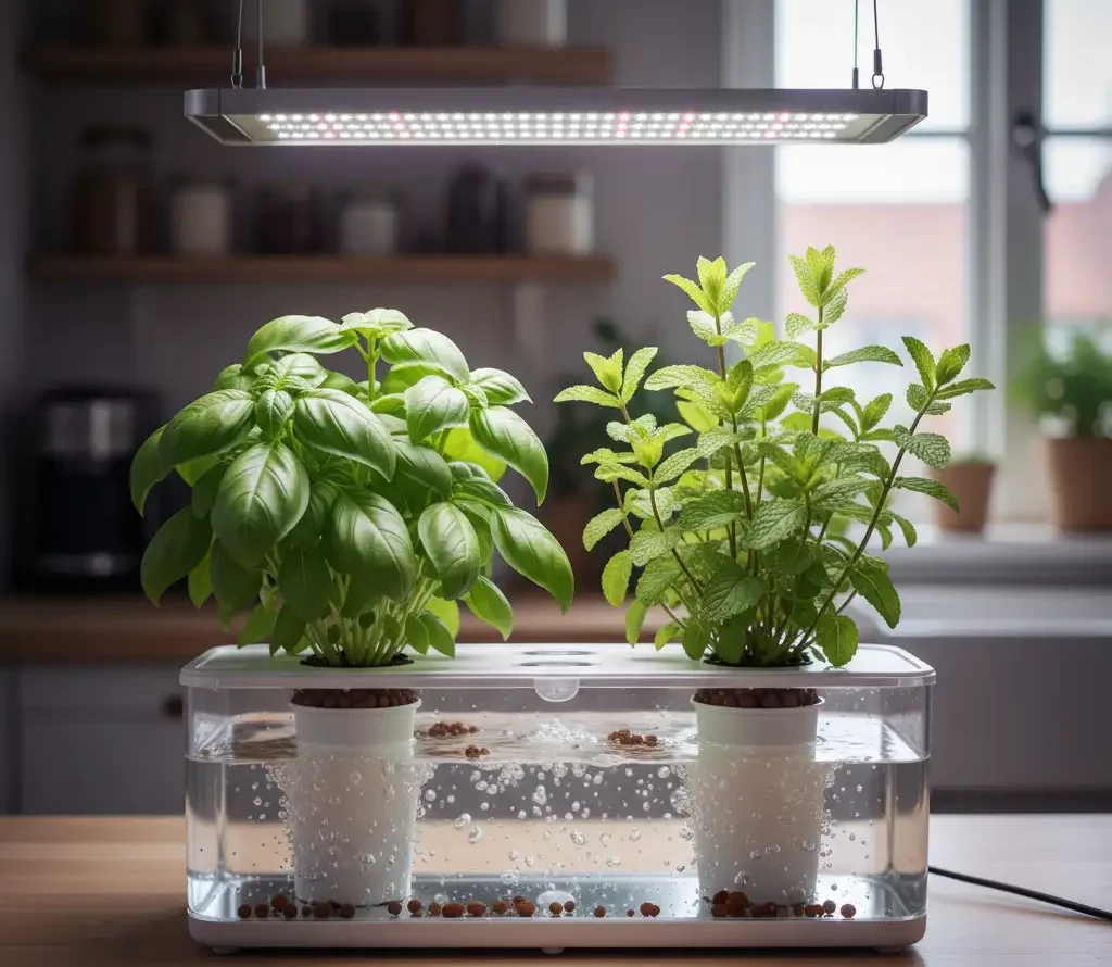 Hydroponic Basil & Mint: Grow Restaurant-Quality Herbs All Year 2 A side-by-side view of a thriving hydroponic basil plant and a mint plant in the same system.