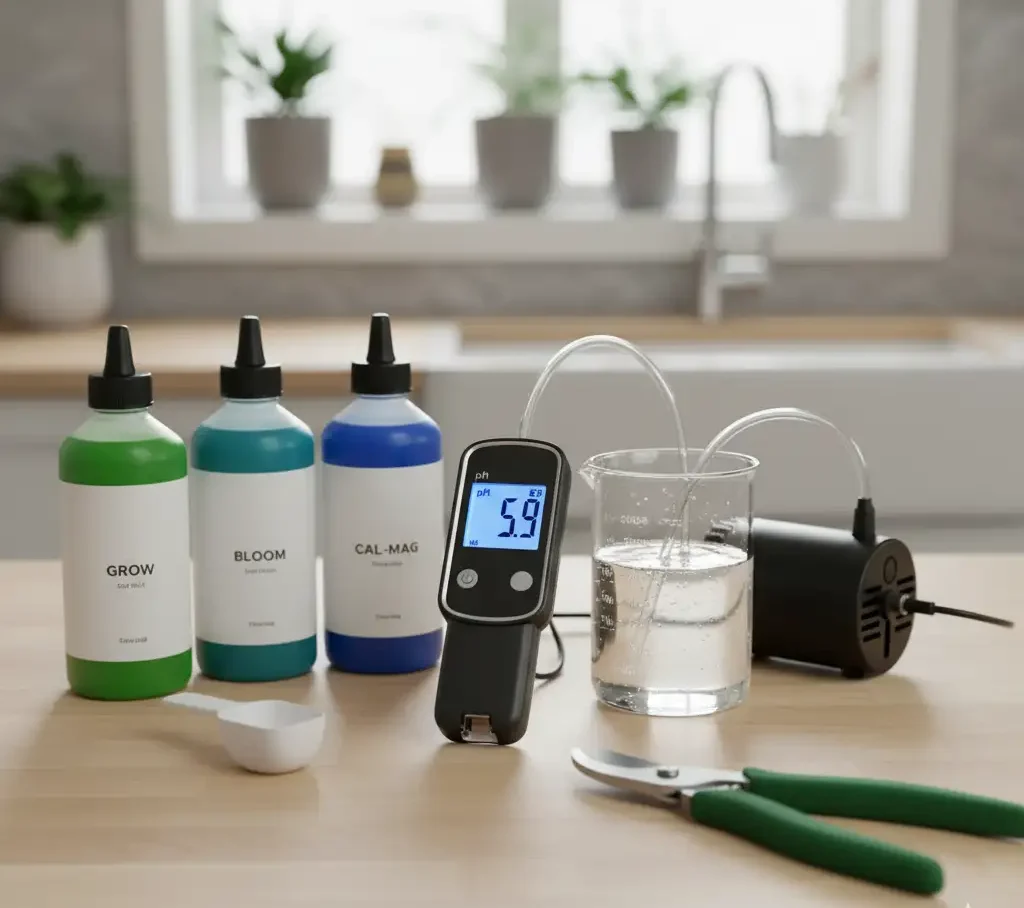 Hydroponic Basil & Mint: Grow Restaurant-Quality Herbs All Year 4 A collection of essential hydroponic tools, including a digital pH pen, air pump, and nutrients, on a clean surface.