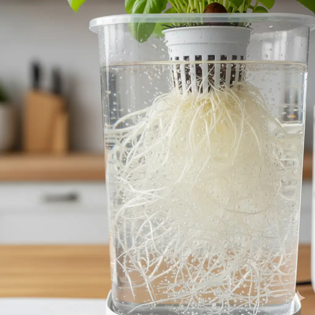 Hydroponic Basil & Mint: Grow Restaurant-Quality Herbs All Year 1 A close-up of healthy, white roots from a hydroponic herb plant, showcasing the clean root system.
