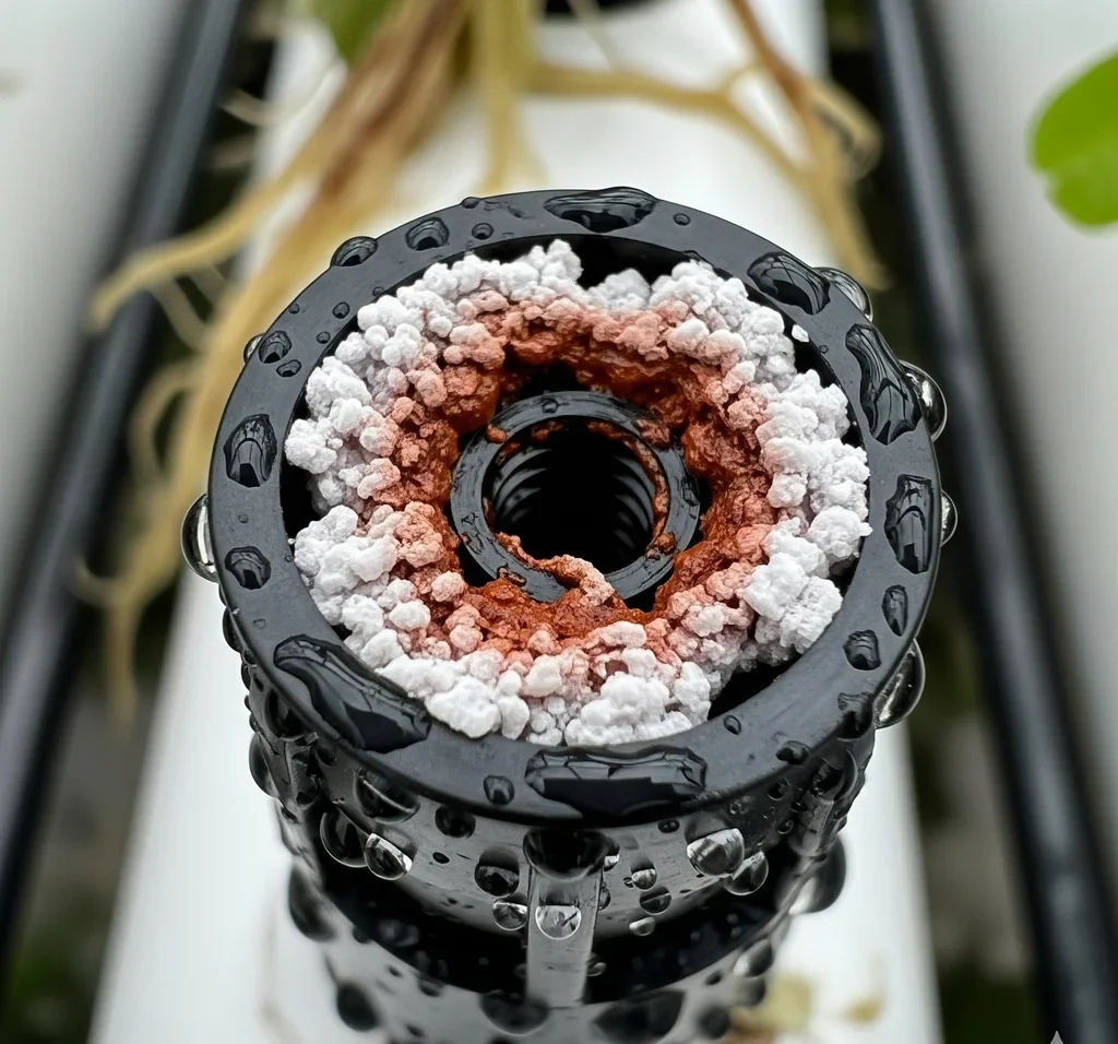 A close-up of a clogged hydroponic nozzle with visible mineral buildup, illustrating a common point of failure for vertical gardens.