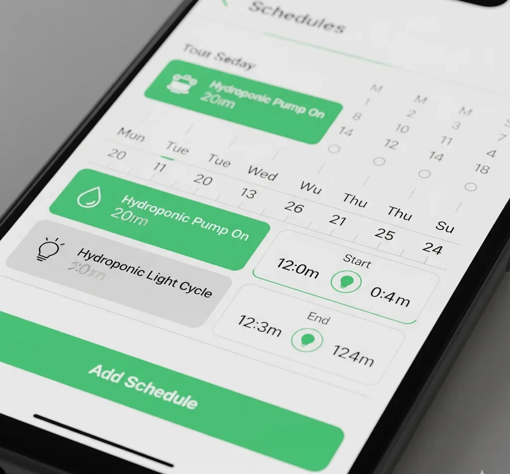 Smart Plugs & Timers for Hydroponic: Never Miss a Watering Cycle Again 1 A close-up of a smartphone screen showing the programming interface for a smart plug, highlighting the ease of setting up a schedule for a hydroponic pump or light.