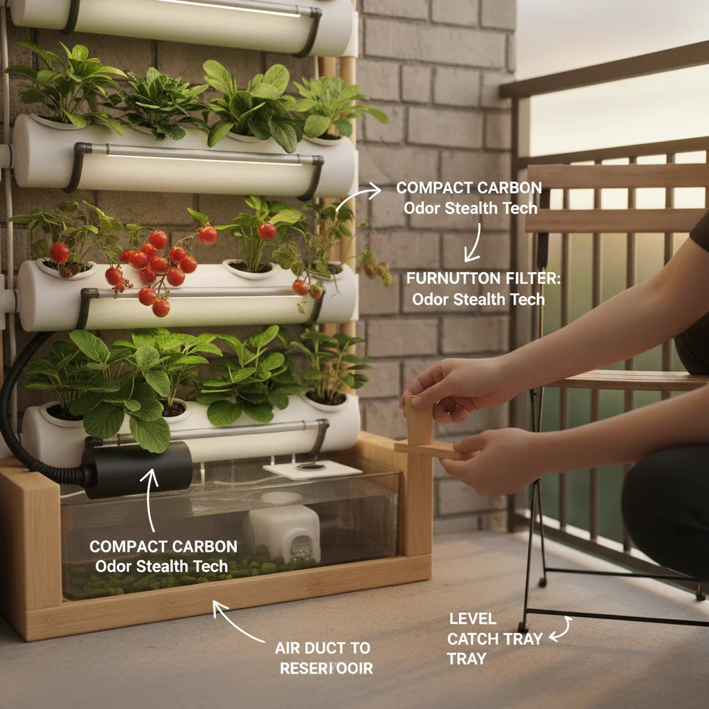 Installing a carbon filter for odor control in a vertical hydroponic setup | Small apartment stealth tech.