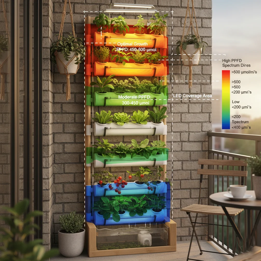 PPFD measurement for vertical hydroponic rack | Small apartment LED coverage.