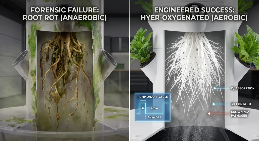 A forensic analysis cross-section of an aeroponic root zone showing a close-up comparison between anaerobic failure (brown, slimy, rotted roots) and aerobic success (clean, healthy white roots engulfed in atomized mist) with an inset pump timing diagram.