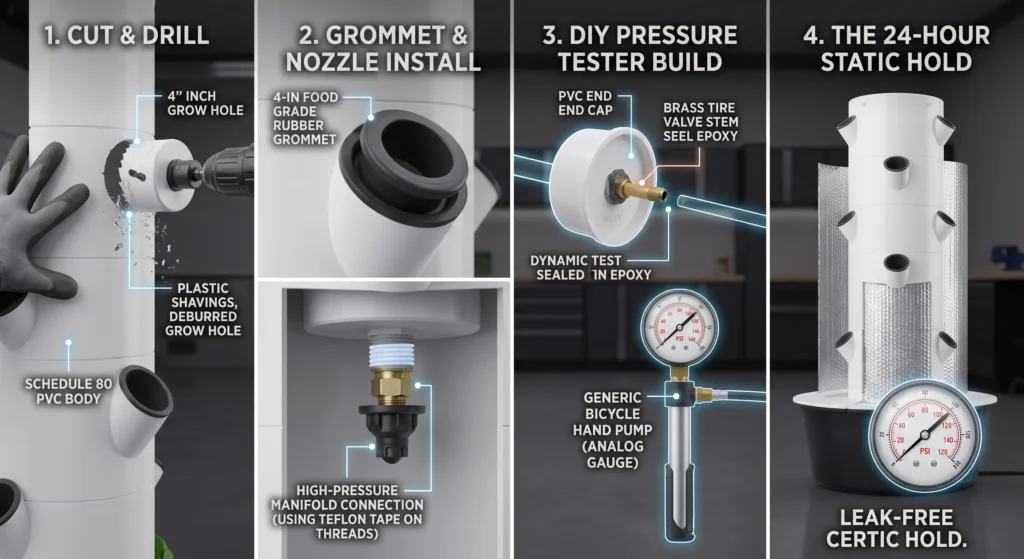 A composite technical infographic illustrating key final assembly steps for a high-pressure aeroponic tower: cutting grow holes (1), installing grommets and nozzles (2), building the DIY pressure tester (3), and the successful 24-hour static hold test at 120 PSI (4), marked "Leak-Free Certified."