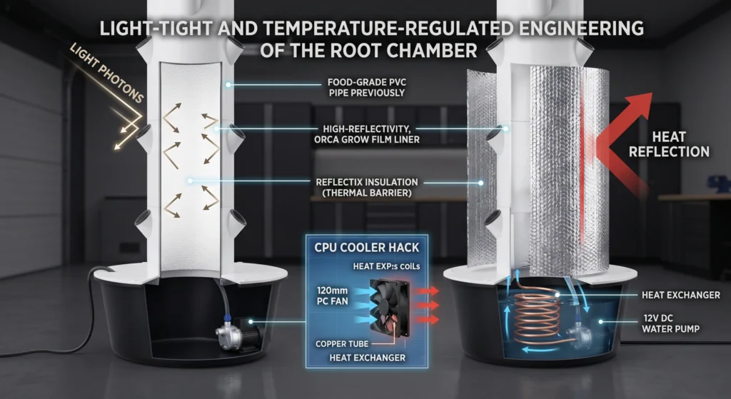 A technical engineering diagram of a successful aeroponic root chamber, illustrating the use of reflective Orca Grow Film liner to defeat algae and reflective bubble insulation wrapping with a detailed call-out explaining the "CPU Cooler Hack" for thermal regulation.