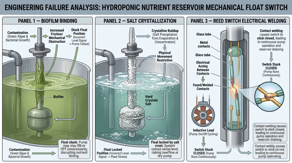 Mechanical float switch failure modes caused by salt buildup, biofilm, and electrical arcing