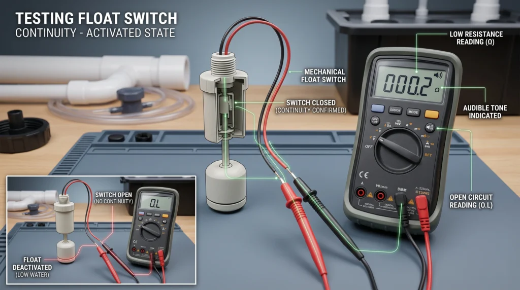 Testing a hydroponic mechanical float switch with a digital multimeter