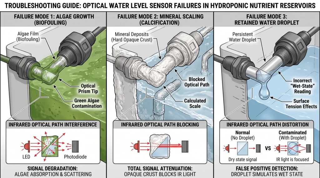 Optical water level sensor failure caused by algae, mineral scaling, and retained droplets