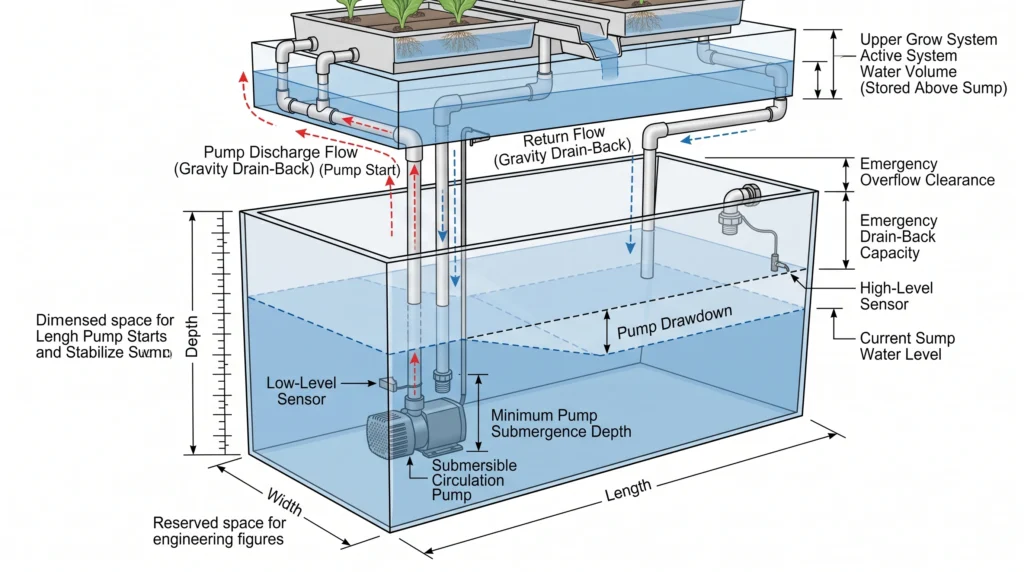 Hydroponic sump tank showing low-level and high-level sensor placement and drain-back volume