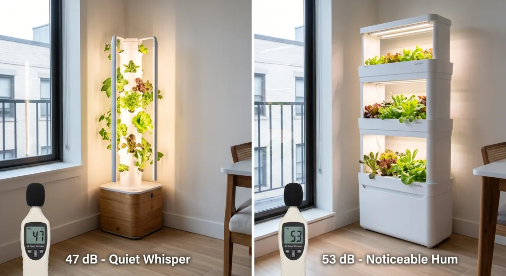 A side-by-side comparison in a modern apartment setting highlighting the Gardyn's compact footprint and quiet 47 dB operation versus the Lettuce Grow's 53 dB hum and larger water capacity.
