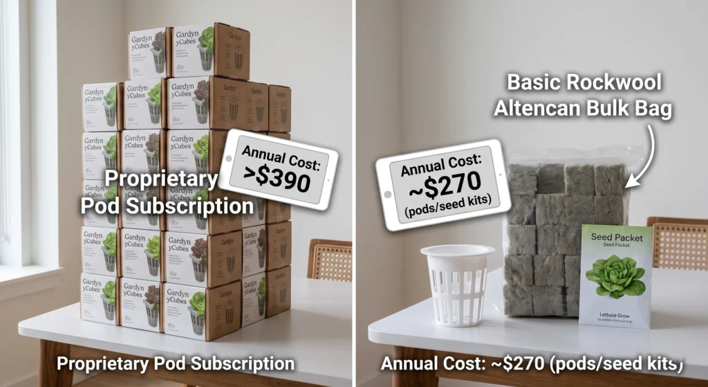A visual cost breakdown showing a massive stack of proprietary Gardyn yCubes (over $390 annually) compared to the much cheaper DIY method of using bulk rockwool and seeds for the Lettuce Grow system.