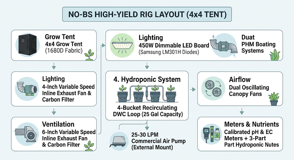 No-BS Hydroponic Gear Guide: What Actually Works for Tomatoes, Peppers, and Greens 15 Infographic diagram showing a 4x4 grow tent setup with 450W LED board, 6-inch exhaust fan, 4-bucket RDWC hydroponic system, external air pump, and canopy fans.