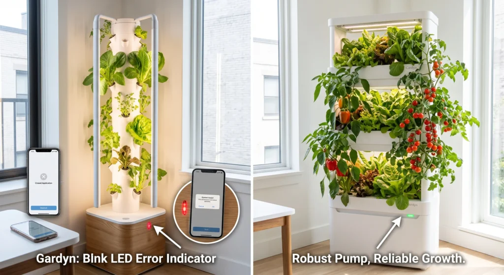 A mature Lettuce Grow Farmstand 36 successfully yielding large cherry tomato plants, contrasted with a Gardyn system experiencing a disruptive smartphone app crash and red LED error indicator.