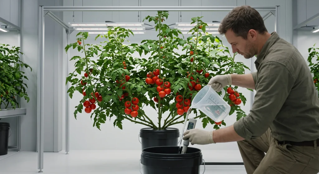 Hydroponic Tomatoes for Beginners: Your Engineering Blueprint 12 Checking EC and topping off a hydroponic tomato reservoir