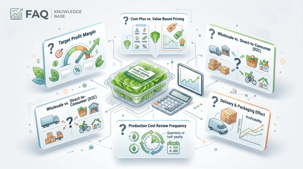 Wholesale Pricing Strategies for Hydroponic Produce: From Cost-Plus to Value-Based 8 Clean infographic showing common questions about hydroponic produce pricing, margins, wholesale and retail sales