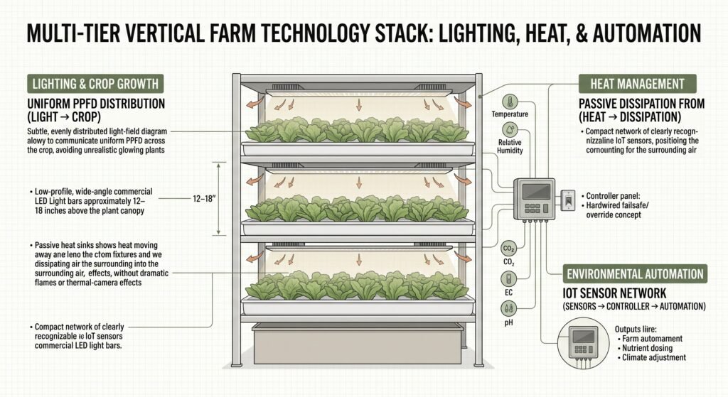 Editorial infographic showing LED grow-light placement, PPFD distribution, heat dissipation and IoT environmental sensors in a multi-tier vertical farm.