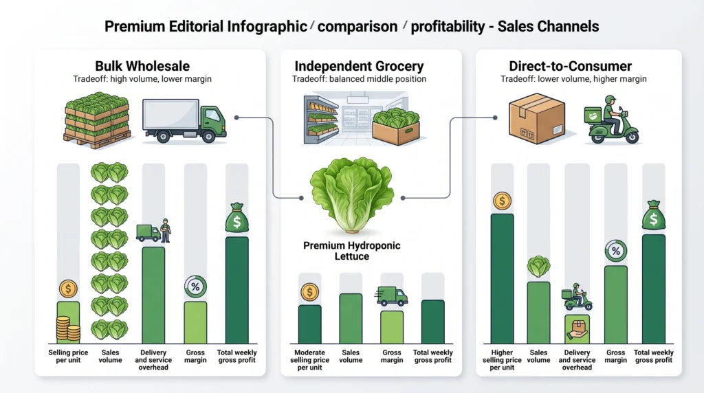Wholesale Pricing Strategies for Hydroponic Produce: From Cost-Plus to Value-Based 5 Commercial hydroponic farm dashboard comparing wholesale, grocery and direct-to-consumer sales channel profitability