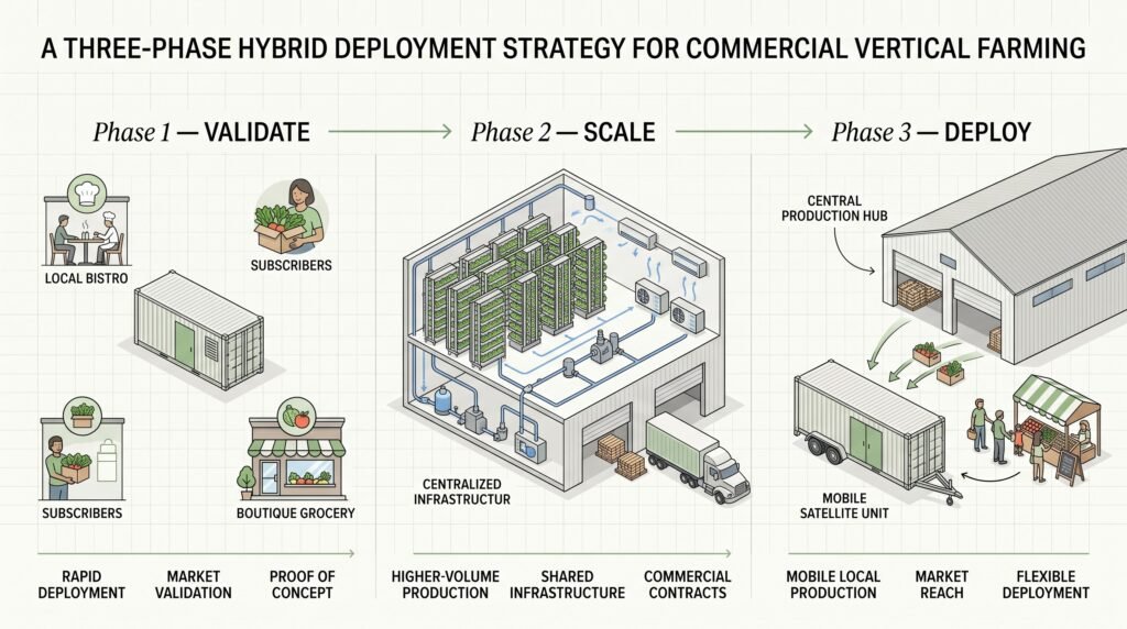 Three-phase infographic showing a vertical farm progressing from a container-based proof of concept to centralized warehouse production and mobile satellite deployment.