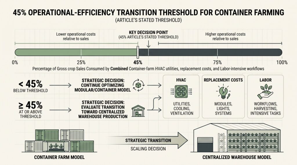 Business infographic illustrating the 45 percent gross-sales threshold used in the article to signal when a container farm should consider transitioning to warehouse production.