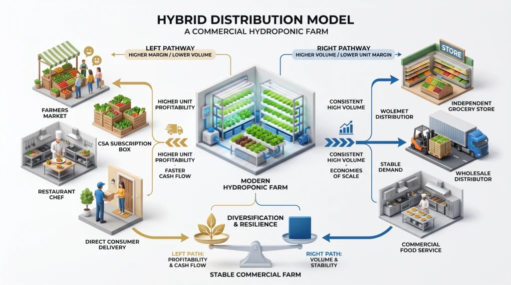Wholesale Pricing Strategies for Hydroponic Produce: From Cost-Plus to Value-Based 6 Diagram showing direct-to-consumer high-margin sales combined with wholesale high-volume distribution for hydroponic farms