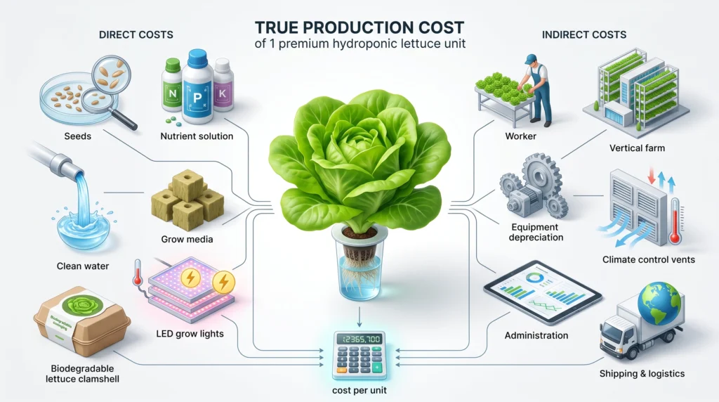 Wholesale Pricing Strategies for Hydroponic Produce: From Cost-Plus to Value-Based 1 Infographic breaking down direct and indirect production costs for a hydroponic lettuce operation