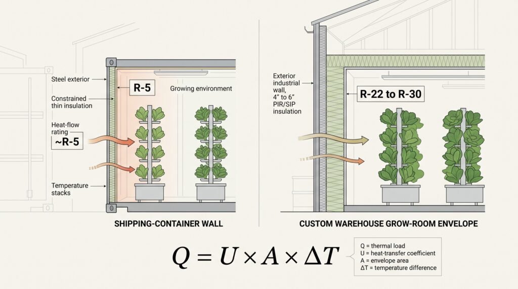 Thermal infographic comparing low-insulation shipping-container walls with heavily insulated warehouse grow-room walls and showing heat-transfer differences.