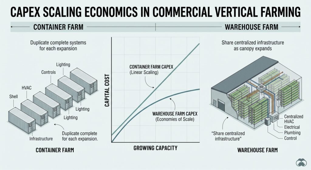Infographic showing how container-farm capital costs rise linearly while warehouse infrastructure shares fixed costs as growing capacity expands.