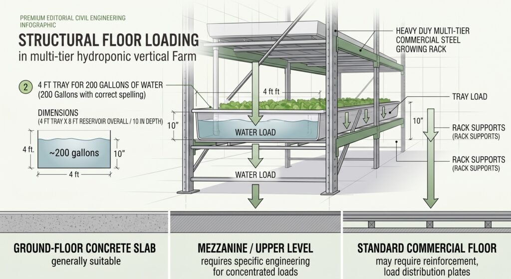 Engineering infographic showing the water weight and concentrated floor load created by a multi-tier hydroponic DWC rack.