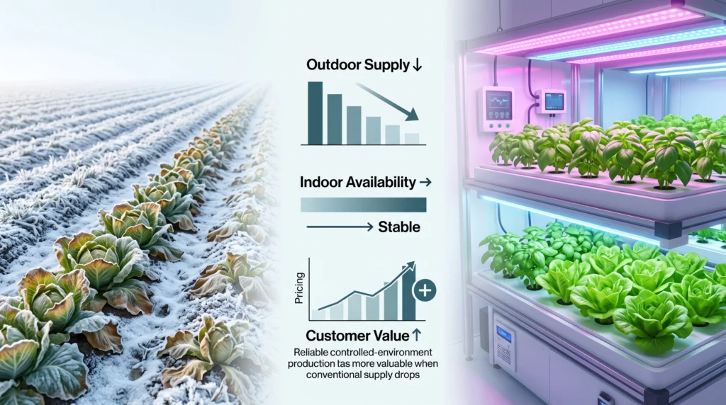 Wholesale Pricing Strategies for Hydroponic Produce: From Cost-Plus to Value-Based 4 Infographic comparing winter field crop shortages with reliable year-round indoor hydroponic production