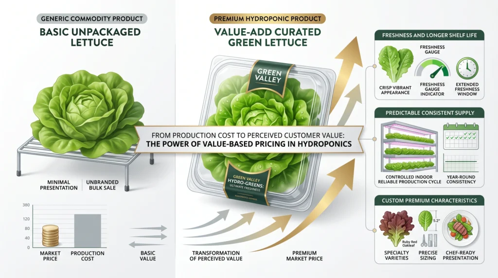Wholesale Pricing Strategies for Hydroponic Produce: From Cost-Plus to Value-Based 3 Value-based pricing infographic showing premium hydroponic produce, freshness, consistency and branded packaging