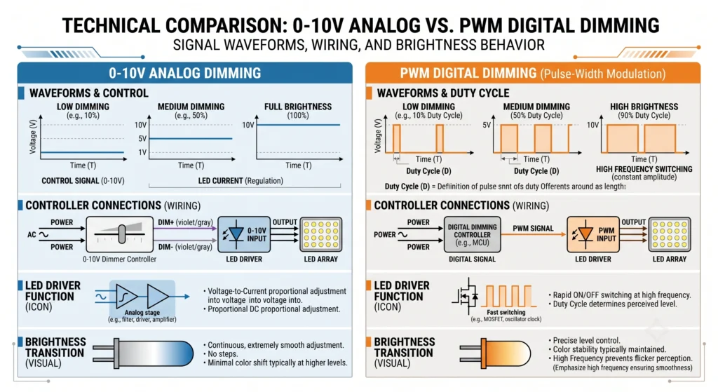Comparison between 0-10V analog dimming and PWM LED dimming methods