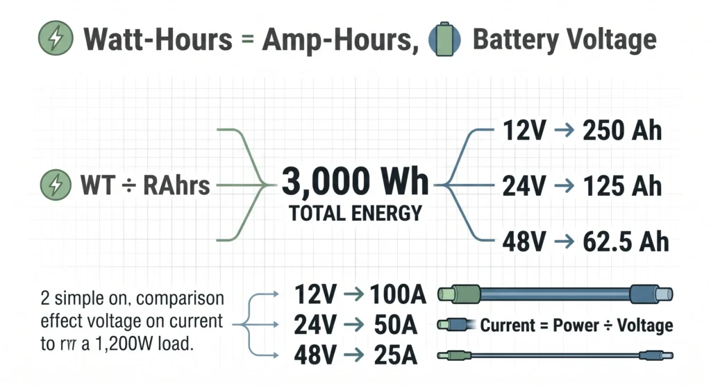 Infographic showing how a 3,000 Wh battery bank translates into different amp-hour capacities at 12V, 24V, and 48V.