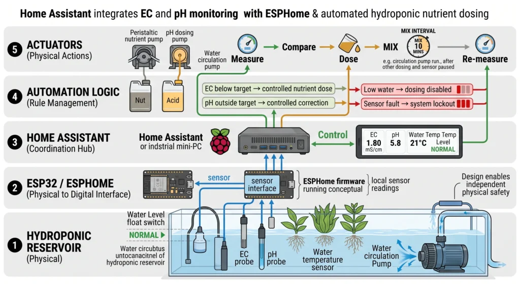 Home Assistant Hydroponics: Advanced Smart-Garden Automation Deep-Dive 11 Advanced hydroponic automation diagram showing Home Assistant connected through ESPHome to EC and pH sensors, reservoir monitoring, and peristaltic nutrient dosing pumps.