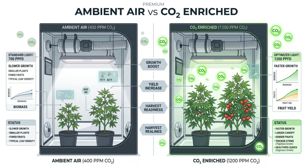 Comparison of hydroponic plant growth under ambient air and 1200 PPM carbon dioxide enrichment.