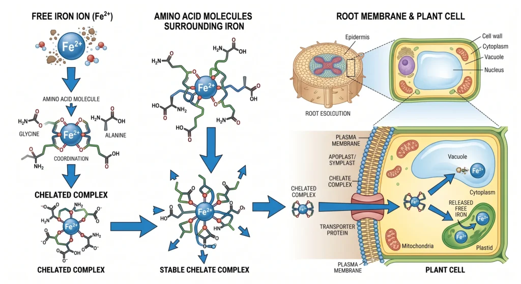 Scientific illustration showing an amino acid molecule chelating an iron ion and transporting it into plant root cells for improved micronutrient absorption.