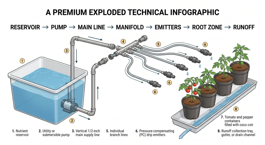 Exploded hydroponic drip irrigation diagram showing the nutrient reservoir, high-head pump, 1/2-inch supply line, manifold, pressure-compensating emitters, plant containers, and runoff drain.