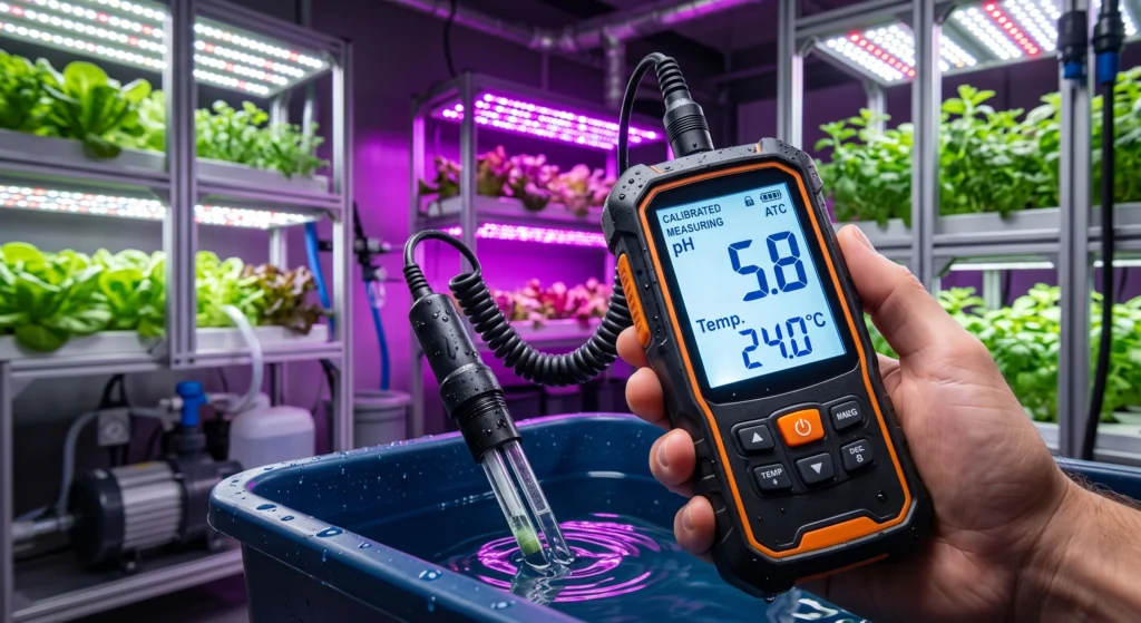 The Ultimate Hydroponic pH Meter Guide: Anatomy of a $1,200 Mistake 5 Digital pH meter displaying temperature compensation while testing hydroponic nutrient solution
