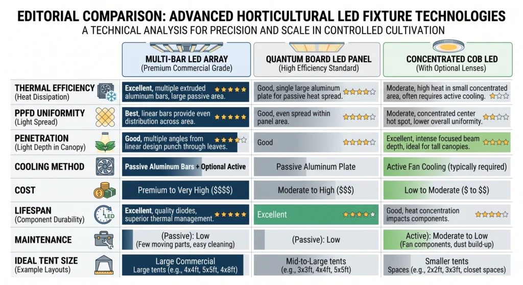 Summary infographic comparing thermal efficiency PPFD distribution canopy penetration and maintenance across three LED grow light types.