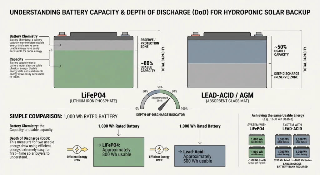 Infographic comparing LiFePO4 and lead-acid battery usable capacity and illustrating depth of discharge.