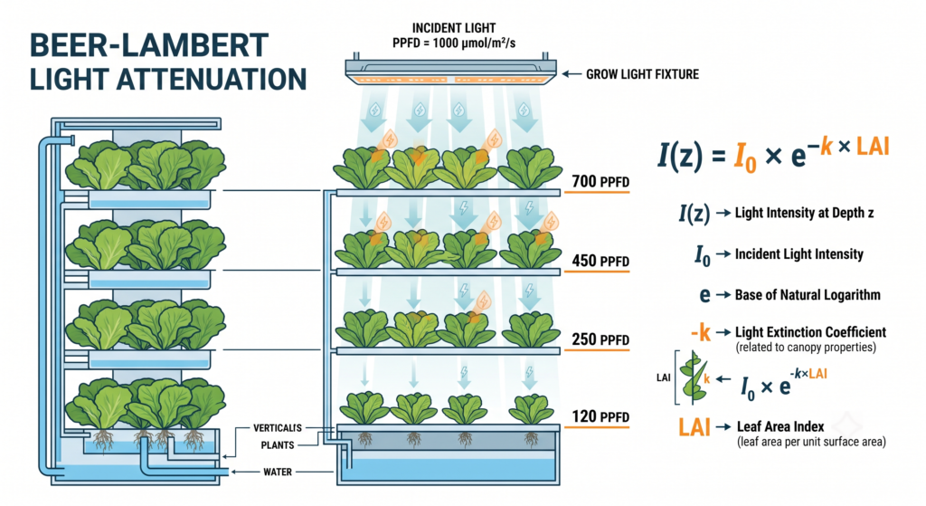 Scientific diagram showing exponential PPFD reduction through dense vertical hydroponic canopy using the Beer-Lambert Law.