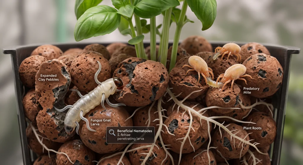 Steinernema feltiae nematodes and Stratiolaelaps predatory mites attacking fungus gnat larvae